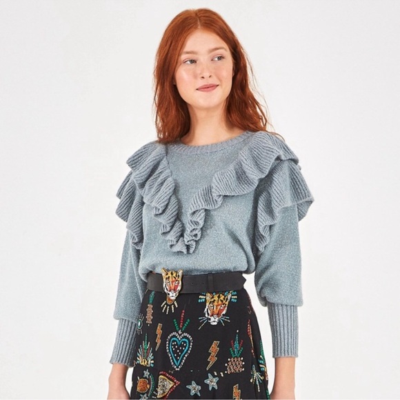 FARM Rio Sweaters - FARM RIO METALLIC RUFFLE SWEATER SIZE M